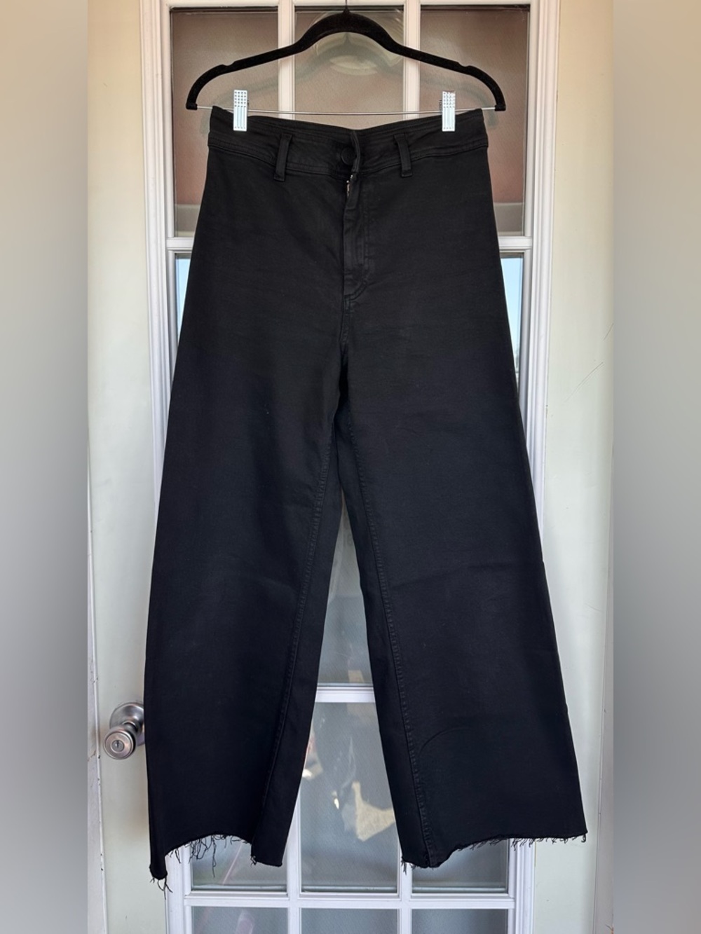 Zara The Marine Straight Jeans Black Wash High Waist Wide Leg Raw Hem -size 38/6
